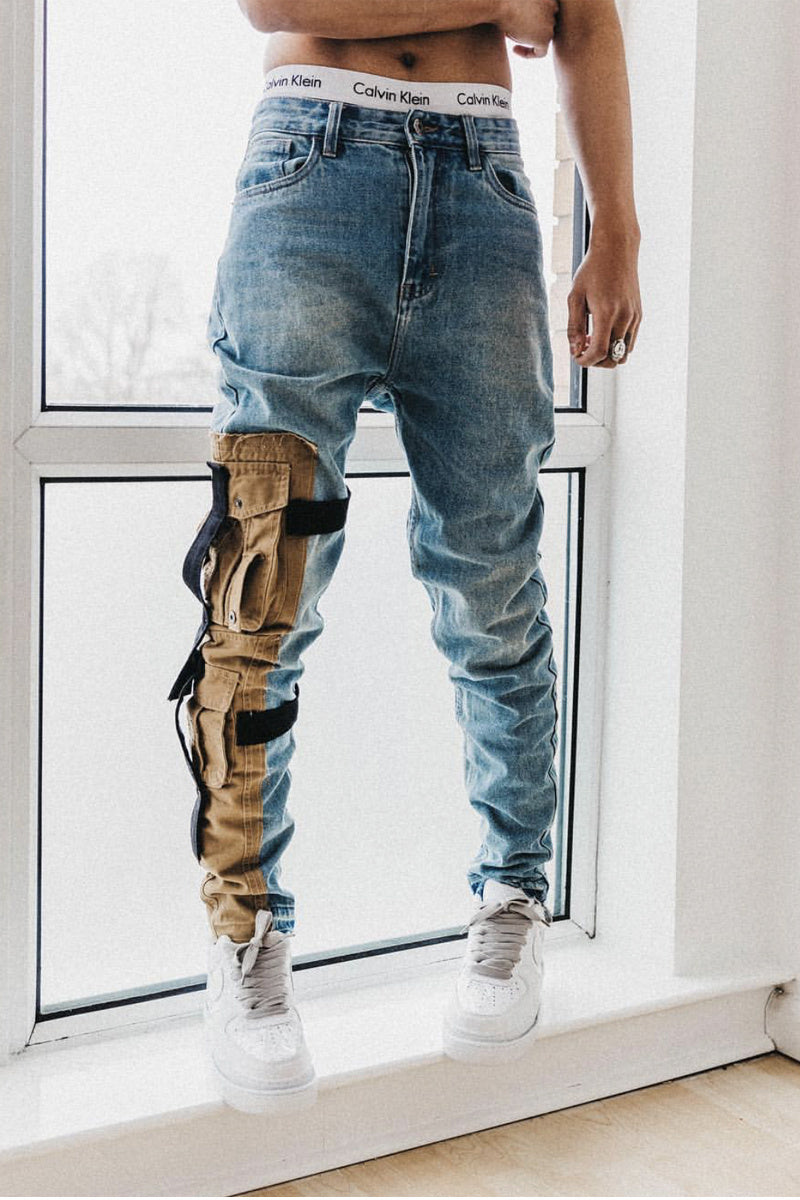 Men’s Tooling Distressed Jeans – Washed Blue Denim