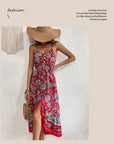 👗 Women’s Printed Sling Dress – Wine Red Asymmetric Vacation Style