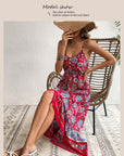 👗 Women’s Printed Sling Dress – Wine Red Asymmetric Vacation Style