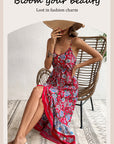 👗 Women’s Printed Sling Dress – Wine Red Asymmetric Vacation Style