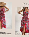 👗 Women’s Printed Sling Dress – Wine Red Asymmetric Vacation Style