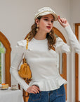 Women's Ruffle Detail Knit T-Shirt - Solid Color Long Sleeve Casual Top (Polyester Blend) - Urban Leisure Style