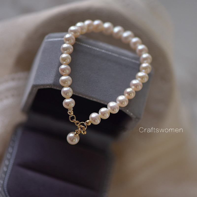 Women's 14K Gold Natural Pearl Bracelet – Genuine Freshwater Pearls (5.5-6mm) – Hypoallergenic Luxury Jewelry