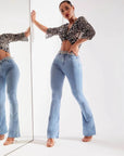 👖 Women’s Slim Fit Bootcut jeans – Light Blue Mid-Rise Stretch Cotton Pants (S-XXL)