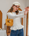 Women's Ruffle Detail Knit T-Shirt - Solid Color Long Sleeve Casual Top (Polyester Blend) - Urban Leisure Style