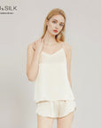 Women 100% Mulberry Silk Pajama Set – Sleeveless Top and Shorts Lightweight Breathable Summer Loungewear