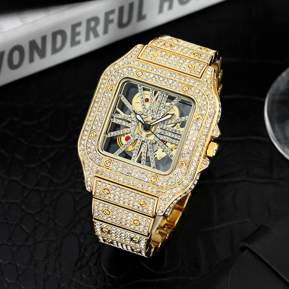 Men’s Square Skeleton Watch – Full Diamond Quartz (Gold/Silver, 44mm)