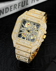 Men’s Square Skeleton Watch – Full Diamond Quartz (Gold/Silver, 44mm)