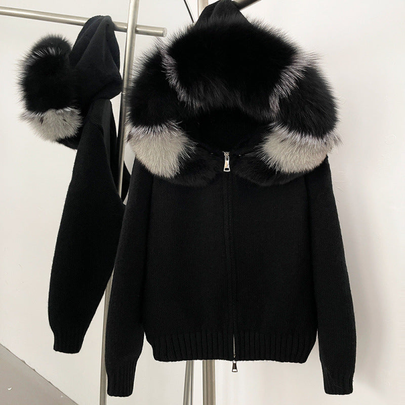 Women’s Hooded Spring Coat – Zipper Cardigan with Real Fox Fur Collar