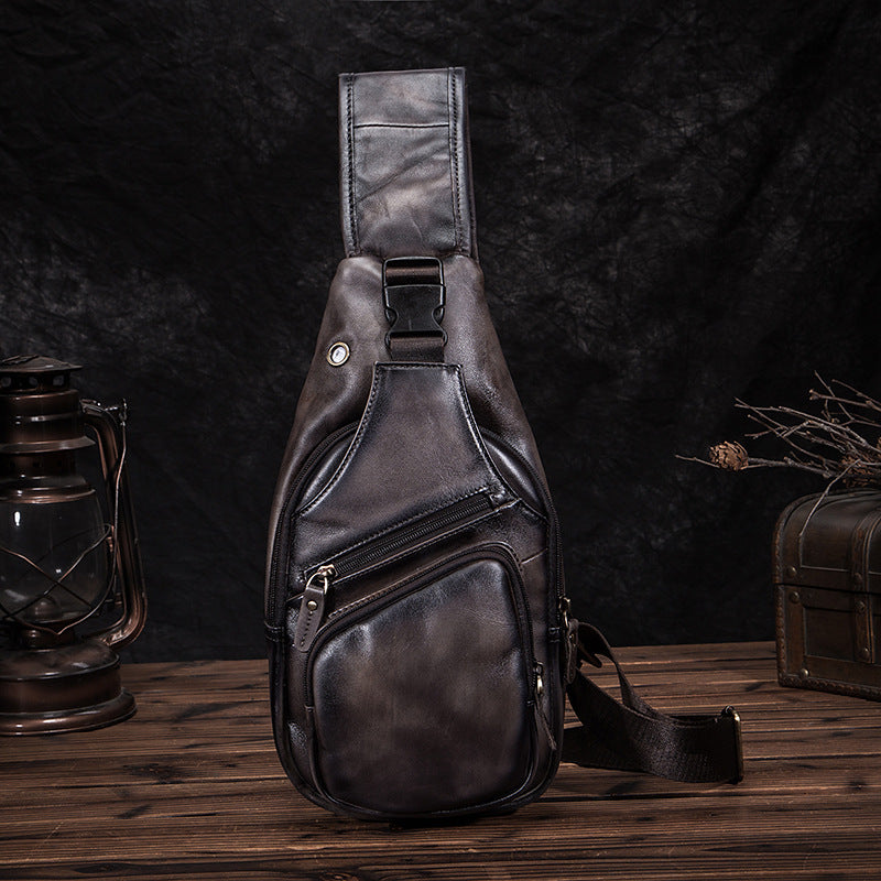 Men’s Genuine Cowhide Leather Chest Bag – Simple Retro Crossbody Satchel