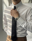 Men’s Striped Business Shirt – Slim Fit Long Sleeve Classic Collar Design