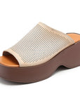 🔥 Women's Handmade First-Layer Cowhide Slippers – Luxury Fish Mouth Toe Design (Apricot/Brown) – Unlined Leather Comfort