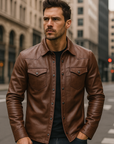 Men's Premium Sheepskin Leather Jacket – Classic Brown Biker Style