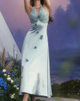 Neckholder-Kleid im französischen Urlaubsstil für Damen – Gletscherblaues Maxikleid mit Blumenmuster in A-Linie (ärmellos, Polyester, mittlere Taille)