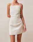 Robe courte à lacets pour femme – Robe streetwear sans manches en coton et lin (chanvre/noir/blanc)