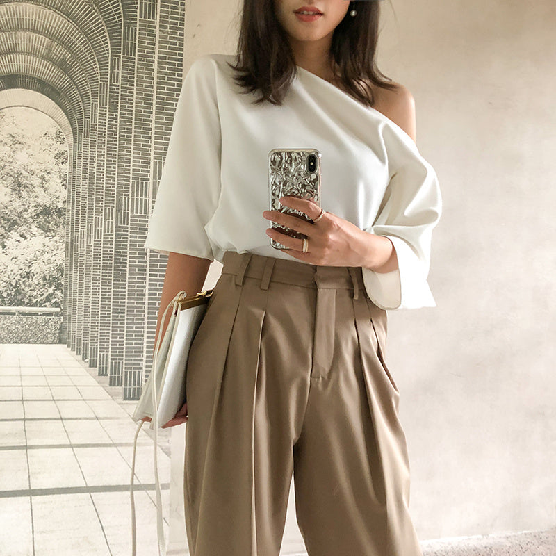 Women’s Strapless Shoulder Shirt - Polyester Stretch Top (91-95% Polyester, Slim Fit Casual Blouse)