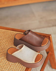 🔥 Women's Handmade First-Layer Cowhide Slippers – Luxury Fish Mouth Toe Design (Apricot/Brown) – Unlined Leather Comfort
