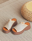🔥 Women's Handmade First-Layer Cowhide Slippers – Luxury Fish Mouth Toe Design (Apricot/Brown) – Unlined Leather Comfort