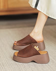 🔥 Women's Handmade First-Layer Cowhide Slippers – Luxury Fish Mouth Toe Design (Apricot/Brown) – Unlined Leather Comfort
