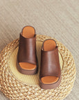 🔥 Women's Handmade First-Layer Cowhide Slippers – Luxury Fish Mouth Toe Design (Apricot/Brown) – Unlined Leather Comfort
