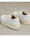 Women's Platform Board Shoes - Embossed Cowhide Leather Sneakers (Black/White) - Chunky Rubber Sole Tie-Up Sports Shoes