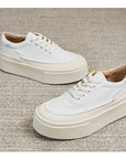 Women's Platform Board Shoes - Embossed Cowhide Leather Sneakers (Black/White) - Chunky Rubber Sole Tie-Up Sports Shoes