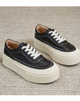 Women's Platform Board Shoes - Embossed Cowhide Leather Sneakers (Black/White) - Chunky Rubber Sole Tie-Up Sports Shoes