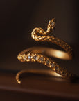 18K Gold Plated Snake Ring – Adjustable Diamond-Studded Statement Jewelry – Vintage Glam