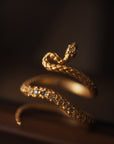 18K Gold Plated Snake Ring – Adjustable Diamond-Studded Statement Jewelry – Vintage Glam