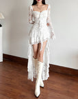 Women’s Fall Square Collar Lace Stitching Dress – High Waist Long Sleeve A-Line