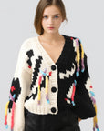 Women’s Handmade Knitted Tassel Cardigan – Black & White Crochet Color-Block Top