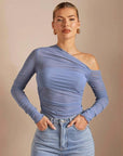 Women’s One-Shoulder Cross-Body Pleated Mesh Top – Slim Fit Elegant Long-Sleeve Asymmetric Blouse
