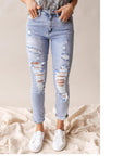 ✨ Jean court déchiré taille haute pour femme – Denim bleu clair vieilli (S-XL)