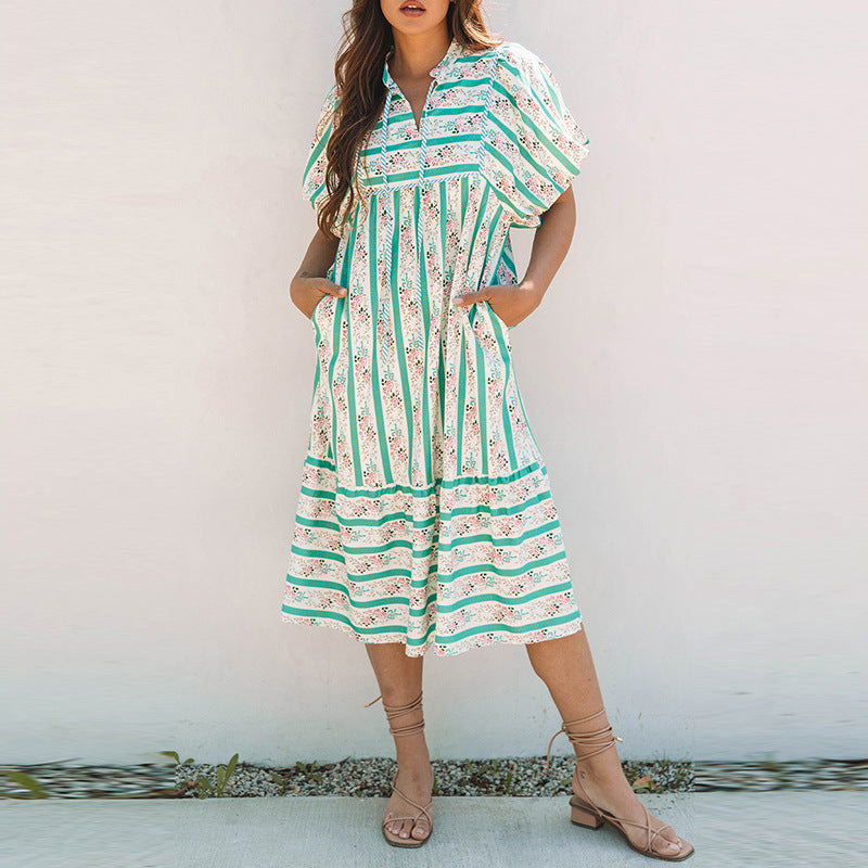 Women's Striped & Plaid Long Dress - Loose Slim Fit High Waist Puff Sleeve Maxi Dress (Polyester, S-XL)
