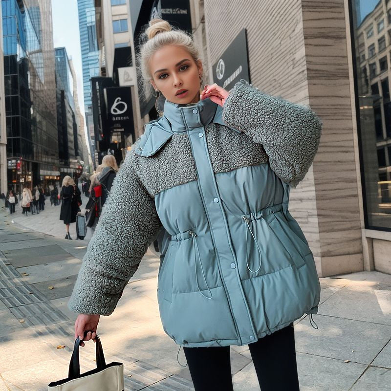 Women’s Cotton-Padded Lamb Wool Coat – Drawstring Waist Thickened Winter Jacket
