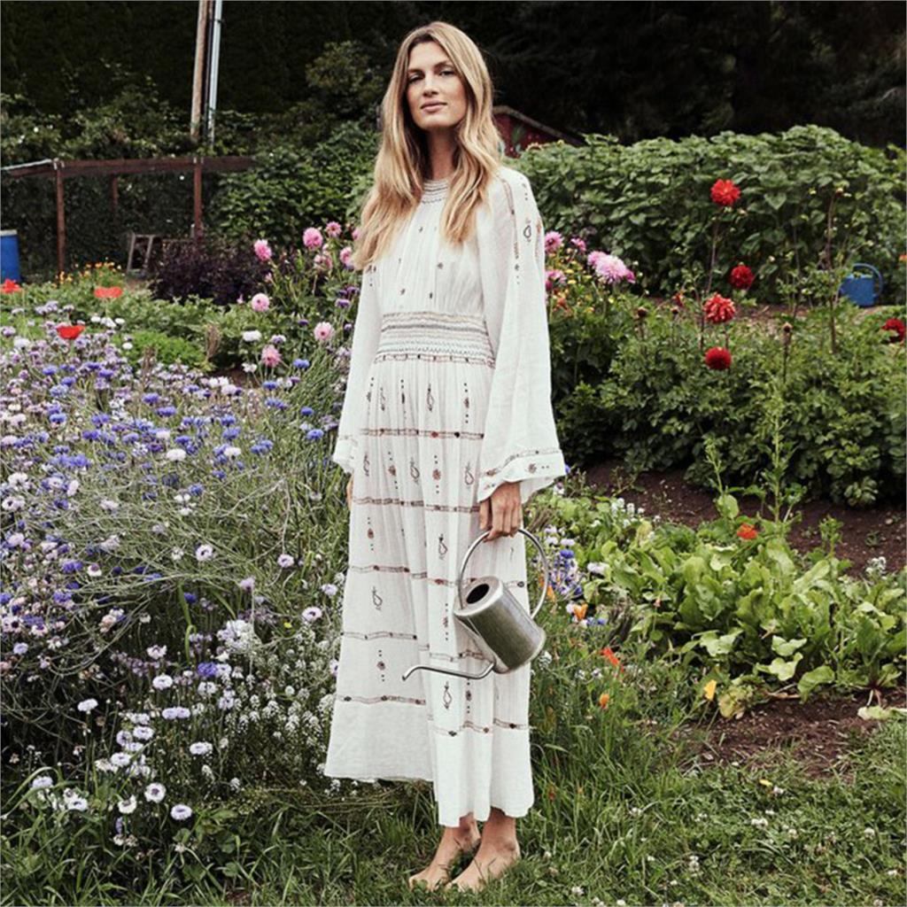 Jupe longue brodée style bohème pour femme – Style hipster européen et américain (blanc) – Jupe longue en coton à taille élastique (S-XL)
