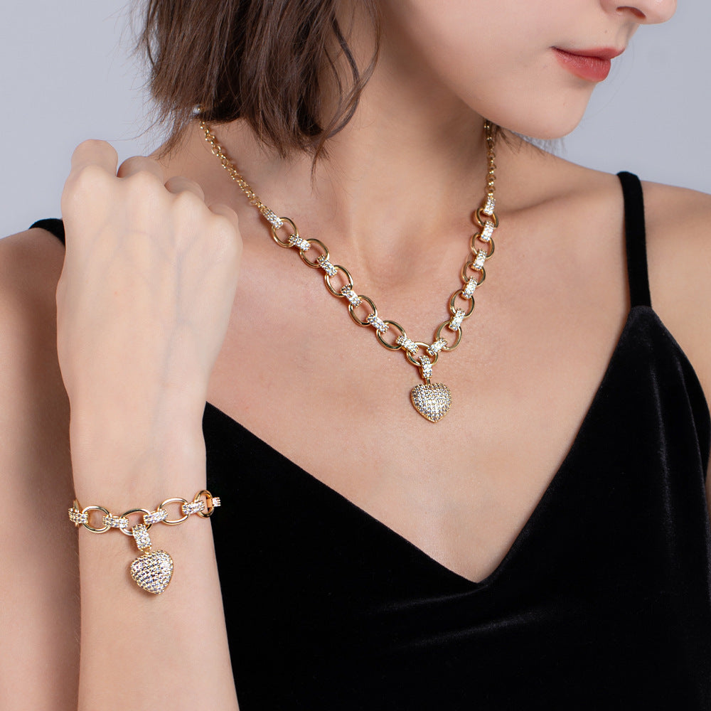 Damen-Set mit Diamant-Love-Anhänger – Halskette und Armband (Sterlingsilber/Roségold)