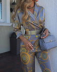 Women's Printed Lace Two-Piece Suit - Long Sleeve Blazer & Pants Set (Polyester-Spandex Blend) - Elegant Office & Evening Wear