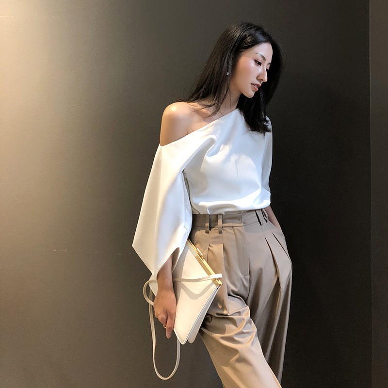 Women’s Strapless Shoulder Shirt - Polyester Stretch Top (91-95% Polyester, Slim Fit Casual Blouse)