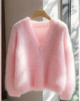 🌸 Women's Cloud-Like Mohair Sweater – Ultra-Soft Chenille Pullover (Princess Sleeves, Glamorous Pink) – Luxe Loungewear