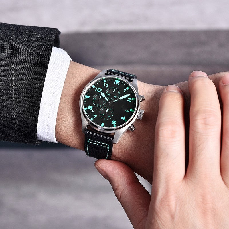 Men's Luminous Sapphire Watch – 100M Waterproof Quartz Timepiece (Blue/Green/Black) – Night Glow Feature