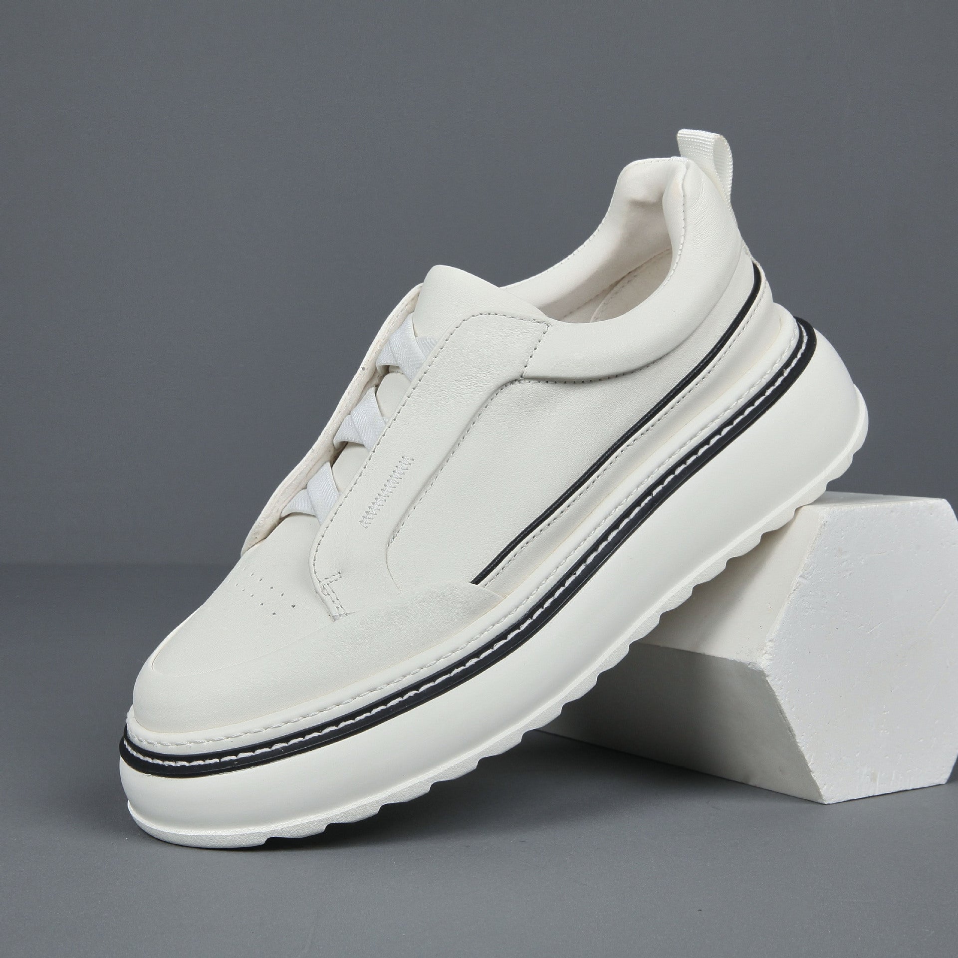 Men’s Breathable Slip-On Sneakers – Simple All-Match Cowhide Platform Casual Shoes