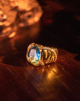 Mid-Century Lab Sapphire Ring – Adjustable Gold-Plated Statement Jewelry – Vintage Ruyi Motif
