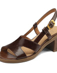 Women Genuine Leather Chunky Heel Sandals – Square Open Toe Buckle Strap Summer Dress Sandals
