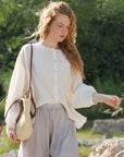 Women’s Loose Cotton-Linen Long Sleeve Blouse – Round Neck Casual Style
