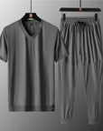 Ensemble de sport en soie glacée pour homme : t-shirt à manches courtes et col en V, pantalon (bleu foncé/kaki/vert), mélange de nylon respirant, grande taille