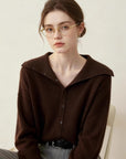 Women’s Slim Fit Cardigan Sweater – Lapel Collar Button-Up Knit with Contrast Trim, Maillard Brown Tone
