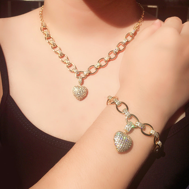 Damen-Set mit Diamant-Love-Anhänger – Halskette und Armband (Sterlingsilber/Roségold)
