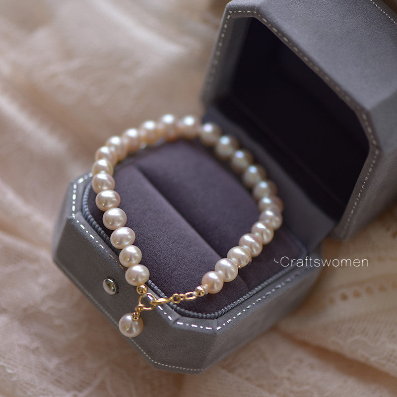 Women's 14K Gold Natural Pearl Bracelet – Genuine Freshwater Pearls (5.5-6mm) – Hypoallergenic Luxury Jewelry