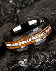 Men's Electric Black & Rose Red Tungsten Ring – Inlaid Bourbon Barrel Wood & Antler – 8mm Bold Statement Band